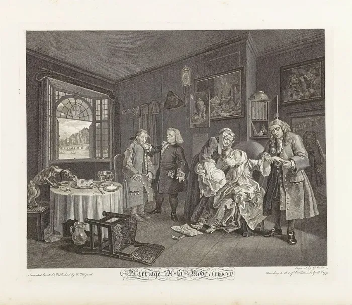Framed Print : Marriage a la Mode. Plate VI: The Lady's Death, 1745. Creator: Hogarth, William (1697-1764) Framed Print : Marriage a la Mode. Plate VI: The Lady's Death, 1745. Creator: Hogarth, William (1697-1764)