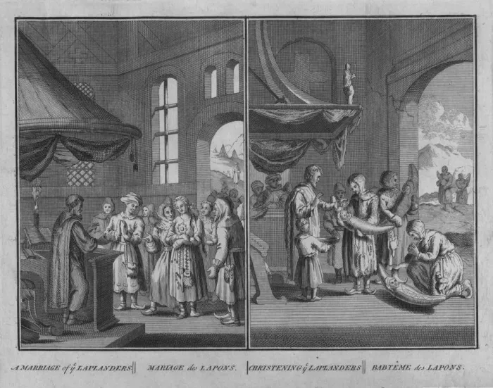 Framed Print : Marriage of Laplanders / Christening of Laplanders, 1726. Artist: Claude Dubosc Framed Print : Marriage of Laplanders / Christening of Laplanders, 1726. Artist: Claude Dubosc