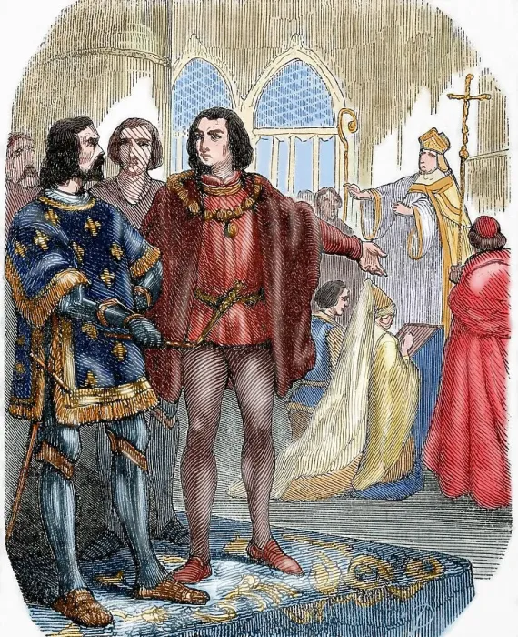 Framed Print : Marriage of Louis XI to his first wife Margaret of Scotland, 1436, (19th century). Creator: Unknown Framed Print : Marriage of Louis XI to his first wife Margaret of Scotland, 1436, (19th century). Creator: Unknown
