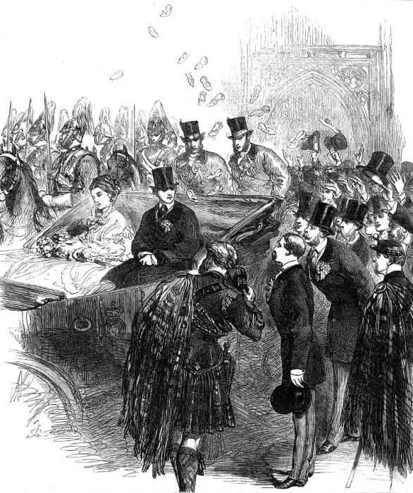 Framed Print : Marriage of Princess Louise: throwing the slipper at the bride and bridegroom, 1871. Creator: Unknown Framed Print : Marriage of Princess Louise: throwing the slipper at the bride and bridegroom, 1871. Creator: Unknown