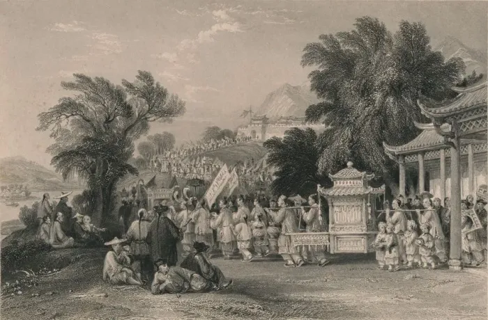Framed Print : Marriage Procession at the Blue-cloud Creek, Chin-keang-foo, c1843-1858. Creator: Samuel Bradshaw Framed Print : Marriage Procession at the Blue-cloud Creek, Chin-keang-foo, c1843-1858. Creator: Samuel Bradshaw