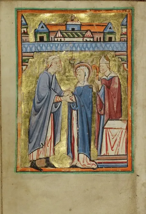 Framed Print : The Marriage of the Virgin; Illustrated Vita Christi, with devotional supplements, about 1190-1200. Creator: Unknown Framed Print : The Marriage of the Virgin; Illustrated Vita Christi, with devotional supplements, about 1190-1200. Creator: Unknown