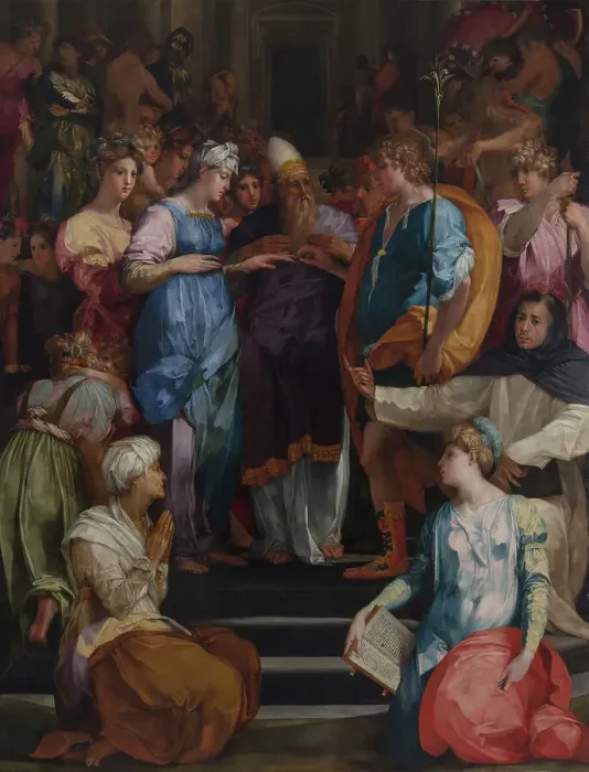 Framed Print : The Marriage of the Virgin (Pala Ginori), 1523. Artist: Rosso Fiorentino (1495-1540) Framed Print : The Marriage of the Virgin (Pala Ginori), 1523. Artist: Rosso Fiorentino (1495-1540)