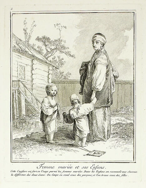 Married Woman and her Children, plate five from Divers Habillements des Peuples du Nord, 1765. Creator: Jean Baptiste Le Prince