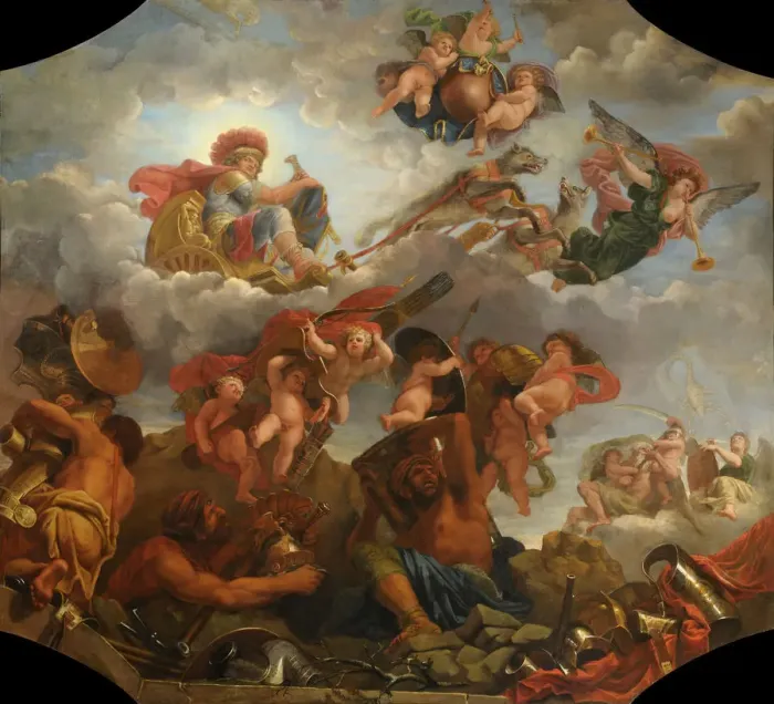 Framed Print : Mars on his chariot pulled by wolves, 1673. Artist: Audran, Claude, the Younger (1639-1684) Framed Print : Mars on his chariot pulled by wolves, 1673. Artist: Audran, Claude, the Younger (1639-1684)