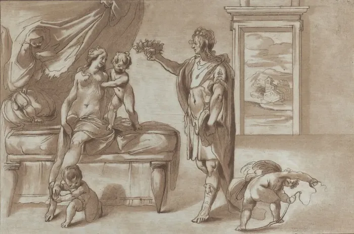 Framed Print : Mars offering a floral wreath to Venus, 1760-90. Creator: Stefano Mulinari Framed Print : Mars offering a floral wreath to Venus, 1760-90. Creator: Stefano Mulinari