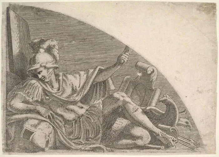 Framed Print : Mars Seated Amid Trophies, 1540-56. Creator: Leon Davent Framed Print : Mars Seated Amid Trophies, 1540-56. Creator: Leon Davent