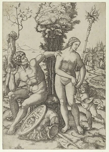 Mars seated at the left, his left hand on Venuss shoulder, cupid beside her at the right, ... 1508. Creator: Marcantonio Raimondi