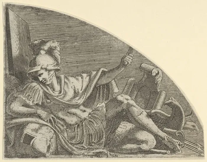 Framed Print : Mars seated on his Trophies, ca. 1542-45. Creator: Leon Davent Framed Print : Mars seated on his Trophies, ca. 1542-45. Creator: Leon Davent