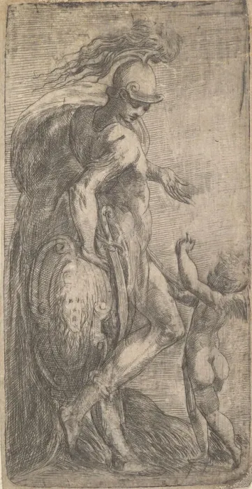 Framed Print : Mars standing at the left leaning on a shield, Cupid at the right, ca. 1542-46 Framed Print : Mars standing at the left leaning on a shield, Cupid at the right, ca. 1542-46