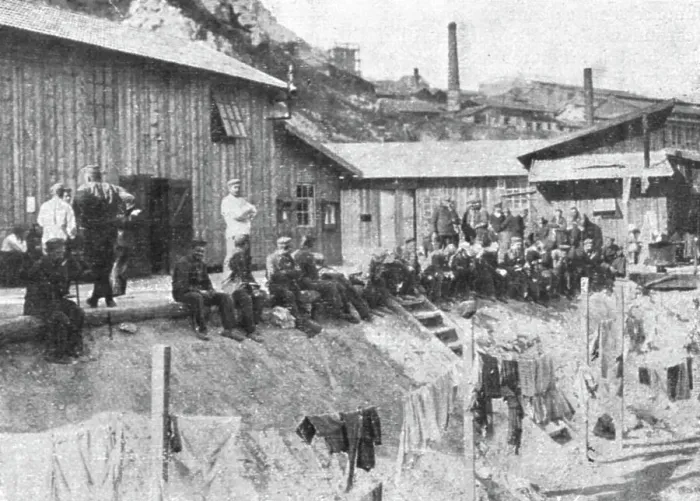 Framed Print : Marseille en Fete; Prisonniers allemands au repos devant leurs baraquements a l'Estaque, 1916. Creator: Unknown Framed Print : Marseille en Fete; Prisonniers allemands au repos devant leurs baraquements a l'Estaque, 1916. Creator: Unknown