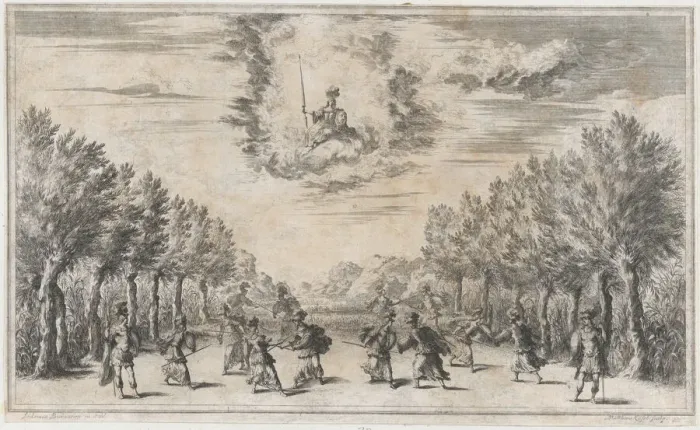 Framed Print : Marsh of Triton; figures battling as Minerva looks on from above; set design from Il Pomo... 1668. Creator: Mathaus Küsel Framed Print : Marsh of Triton; figures battling as Minerva looks on from above; set design from Il Pomo... 1668. Creator: Mathaus Küsel