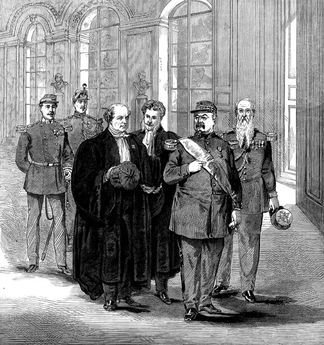 Framed Print : Marshal Bazaine going to his trial at the Grand Trianon, Versailles, 1873. Creator: Unknown Framed Print : Marshal Bazaine going to his trial at the Grand Trianon, Versailles, 1873. Creator: Unknown