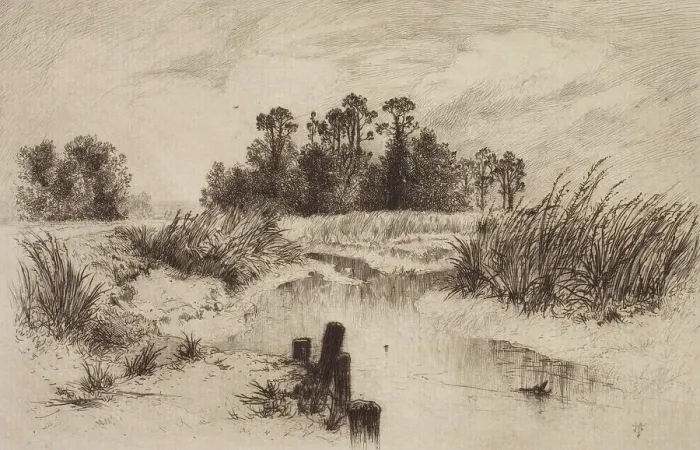 Framed Print : Marshy Landscape with Stream, c1860-1900. Creator: Thomas Moran Framed Print : Marshy Landscape with Stream, c1860-1900. Creator: Thomas Moran