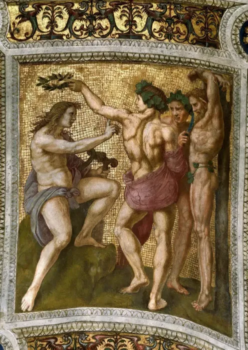 Framed Print : Marsyas and Apollo. (Ceiling Fresco in Stanza della Segnatura), ca 1510-1511. Creator Framed Print : Marsyas and Apollo. (Ceiling Fresco in Stanza della Segnatura), ca 1510-1511. Creator
