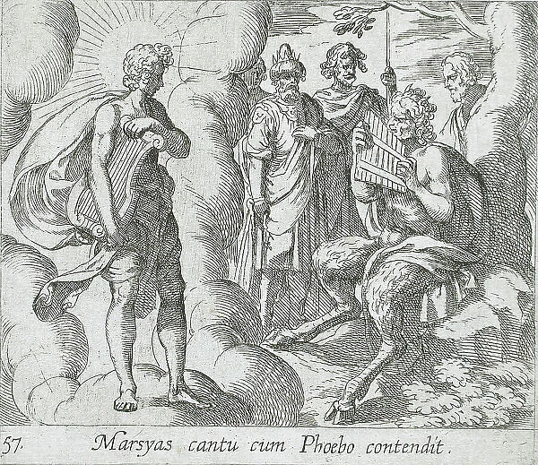 Marsyas Playing the Pipes Before Apollo, published 1606. Creators: Antonio Tempesta, Wilhelm Janson