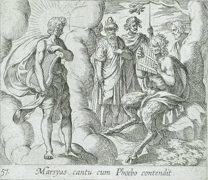 Framed Print : Marsyas Playing the Pipes Before Apollo, published 1606. Creators: Antonio Tempesta, Wilhelm Janson Framed Print : Marsyas Playing the Pipes Before Apollo, published 1606. Creators: Antonio Tempesta, Wilhelm Janson