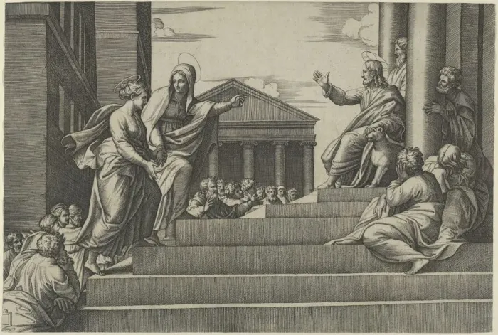Framed Print : Martha leading Mary Magdalene up a flight of stairs to Christ who is seated at righ... ca. 1530-60. Creator: Marcantonio Raimondi Framed Print : Martha leading Mary Magdalene up a flight of stairs to Christ who is seated at righ... ca. 1530-60. Creator: Marcantonio Raimondi