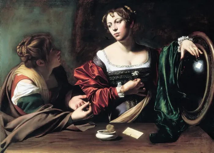Framed Print : Martha and Mary Magdalene, c. 1598. Artist: Caravaggio, Michelangelo (1571-1610) Framed Print : Martha and Mary Magdalene, c. 1598. Artist: Caravaggio, Michelangelo (1571-1610)