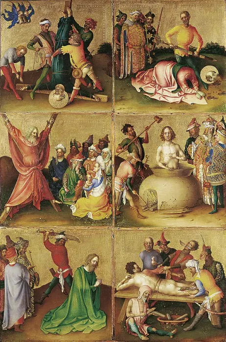 Framed Print : Martyrdom of the Apostles. Left panel. Artist: Lochner, Stephan (ca 1400 / 10-1451) Framed Print : Martyrdom of the Apostles. Left panel. Artist: Lochner, Stephan (ca 1400 / 10-1451)