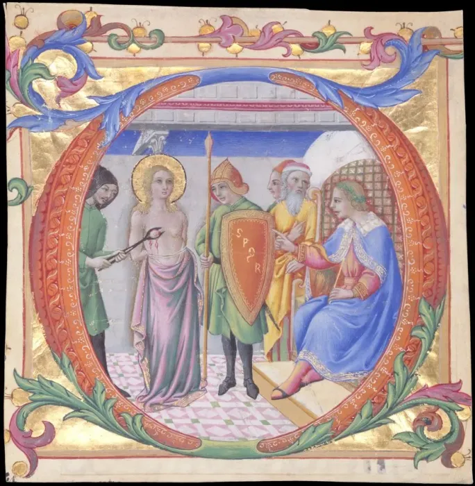 Framed Print : Martyrdom of Saint Agatha in an Initial D, ca. 1470-73. Creator: Sano di Pietro Framed Print : Martyrdom of Saint Agatha in an Initial D, ca. 1470-73. Creator: Sano di Pietro