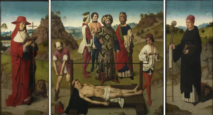 Framed Print : Martyrdom of Saint Erasmus (Triptych), 1458. Artist: Bouts, Dirk (1410 / 20-1475) Framed Print : Martyrdom of Saint Erasmus (Triptych), 1458. Artist: Bouts, Dirk (1410 / 20-1475)