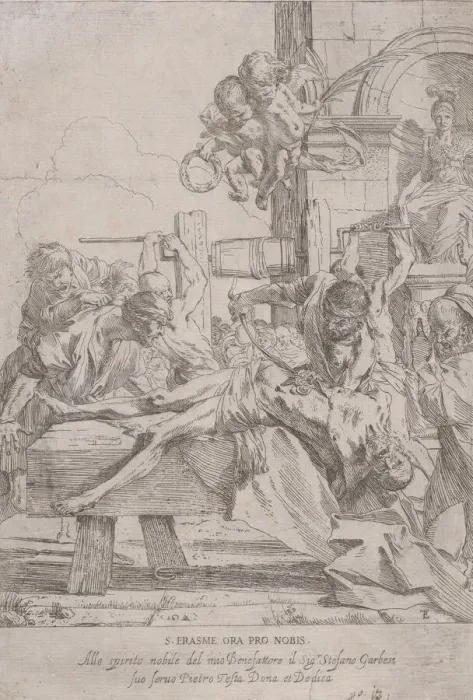 Framed Print : The martyrdom of Saint Erasmus who is prostrate having in innards removed, two putti a Framed Print : The martyrdom of Saint Erasmus who is prostrate having in innards removed, two putti a