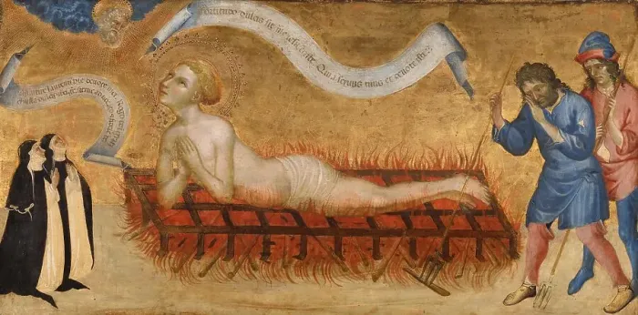 Framed Print : Martyrdom of Saint Lawrence, with Two Benedictine Nuns, c.1425. Creator: Jacobello del Fiore