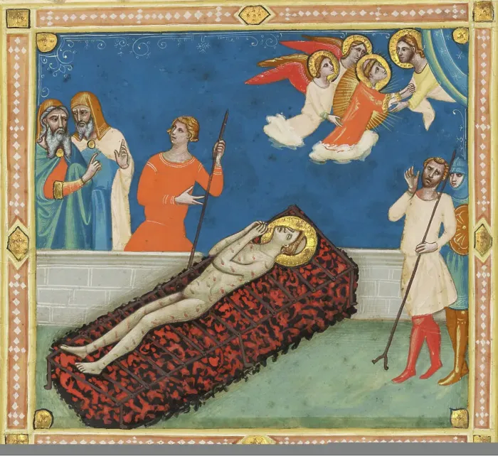 Framed Print : The Martyrdom of Saint Lawrence; Cutting from the Laudario of Sant'Agnese, about 1340. Creator: Pacino di Bonaguida Framed Print : The Martyrdom of Saint Lawrence; Cutting from the Laudario of Sant'Agnese, about 1340. Creator: Pacino di Bonaguida