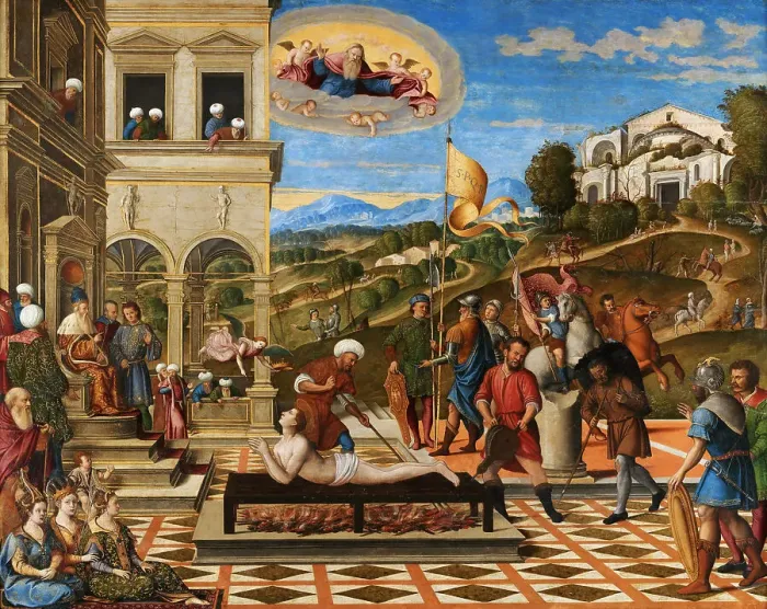 Framed Print : The Martyrdom of Saint Lawrence, First Half of 16th cen. Creator: Santacroce, Girolamo Galizzi da (c. 1480 / 85-c. 1556) Framed Print : The Martyrdom of Saint Lawrence, First Half of 16th cen. Creator: Santacroce, Girolamo Galizzi da (c. 1480 / 85-c. 1556)