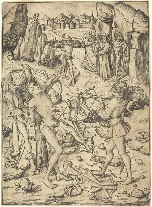 Framed Print : Martyrdom of Saint Sebastian, c. 1450 / 1460. Creator: Master ES Framed Print : Martyrdom of Saint Sebastian, c. 1450 / 1460. Creator: Master ES