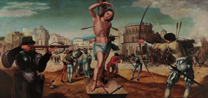 Framed Print : The Martyrdom of Saint Sebastian. Creator: Lopes, Gregorio (c. 1490-1550) Framed Print : The Martyrdom of Saint Sebastian. Creator: Lopes, Gregorio (c. 1490-1550)