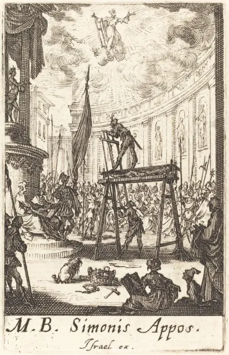 Framed Print : The Martyrdom of Saint Simon, c. 1634 / 1635. Creator: Jacques Callot Framed Print : The Martyrdom of Saint Simon, c. 1634 / 1635. Creator: Jacques Callot