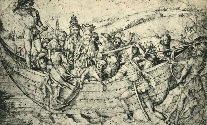 Framed Print : The Martyrdom of Saint Ursula and her companions, c1450, (1943). Creator: Martin Schongauer Framed Print : The Martyrdom of Saint Ursula and her companions, c1450, (1943). Creator: Martin Schongauer