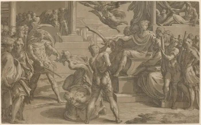 Framed Print : The Martyrdom of Saints Peter and Paul [recto], c. 1530. Creator: Antonio da Trento