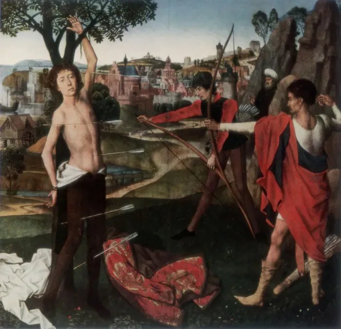 Framed Print : Martyrdom of St Sebastian, (1927). Artist: Hans Memling Framed Print : Martyrdom of St Sebastian, (1927). Artist: Hans Memling