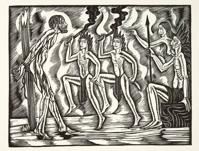 Framed Print : The Martyrdom, from The Travels and Sufferings of Father Jean de Brebeuf, 1938, (wood engraving) Framed Print : The Martyrdom, from The Travels and Sufferings of Father Jean de Brebeuf, 1938, (wood engraving)