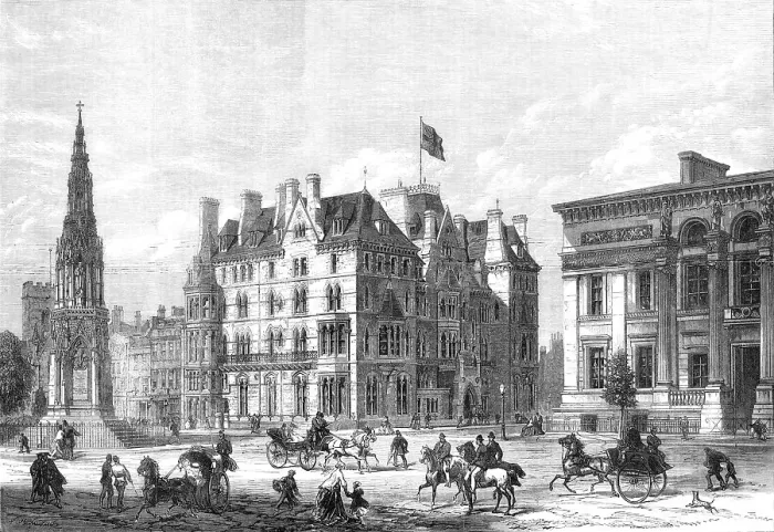 Framed Print : The Martyrs Memorial, Taylor Institution, and Randolph Hotel, Oxford, 1868. Creator: Unknown Framed Print : The Martyrs Memorial, Taylor Institution, and Randolph Hotel, Oxford, 1868. Creator: Unknown