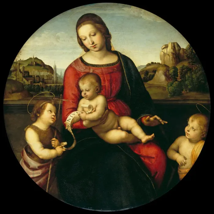 Framed Print : Mary with the Child, John the Baptist and a Holy Boy (Madonna Terranuova), c. 1505. Artist: Raphael (1483-1520) Framed Print : Mary with the Child, John the Baptist and a Holy Boy (Madonna Terranuova), c. 1505. Artist: Raphael (1483-1520)