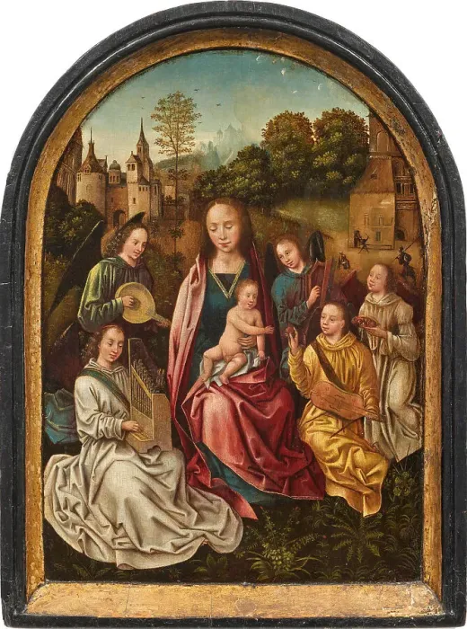 Framed Print : Mary with child surrounded by angels playing music, Early16th cen.. Creator: Master of the Morrison Triptych (active ca 1500-1510) Framed Print : Mary with child surrounded by angels playing music, Early16th cen.. Creator: Master of the Morrison Triptych (active ca 1500-1510)