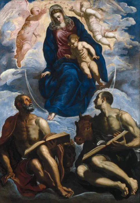 Framed Print : Mary with the Child, Venerated by Saint Mark and Saint Luke, before 1570. Artist: Tintoretto, Jacopo (1518-1594) Framed Print : Mary with the Child, Venerated by Saint Mark and Saint Luke, before 1570. Artist: Tintoretto, Jacopo (1518-1594)