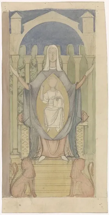Framed Print : Mary with Christ child, sitting on the throne of Solomon, c. 1869-c. 1925. Creator: Antoon Derkinderen Framed Print : Mary with Christ child, sitting on the throne of Solomon, c. 1869-c. 1925. Creator: Antoon Derkinderen