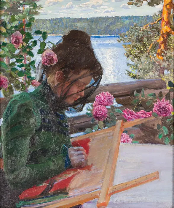 Framed Print : Mary embroidering on the porch of Kallela, ca 1897. Creator: Gallen-Kallela, Akseli (1865-1931) Framed Print : Mary embroidering on the porch of Kallela, ca 1897. Creator: Gallen-Kallela, Akseli (1865-1931)