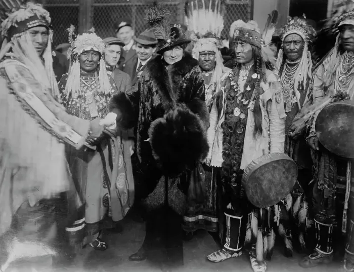Framed Print : Mary Garden & Indians from Glacier Park, between c1910 and c1915. Creator: Bain News Service Framed Print : Mary Garden & Indians from Glacier Park, between c1910 and c1915. Creator: Bain News Service