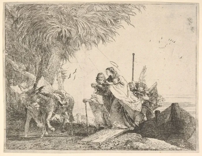 Framed Print : Mary, helped by Joseph and an angel, stepping from a boat to the shore Framed Print : Mary, helped by Joseph and an angel, stepping from a boat to the shore