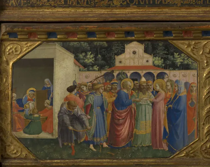 Framed Print : Mary and Joseph (The Annunciation retable with 5 Predella scenes), 1430-1432. Artist: Angelico, Fra Giovanni, da Fiesole (ca. 1400-1455) Framed Print : Mary and Joseph (The Annunciation retable with 5 Predella scenes), 1430-1432. Artist: Angelico, Fra Giovanni, da Fiesole (ca. 1400-1455)