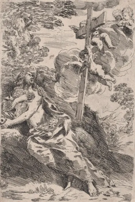 Framed Print : Mary Magdalene in the desert, a cross borne by angels at the right, ca. 1630 Framed Print : Mary Magdalene in the desert, a cross borne by angels at the right, ca. 1630