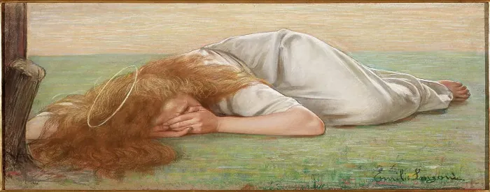 Framed Print : Mary Magdalene at the foot of the cross, 1897. Creator: Longoni, Emilio (1859-1932) Framed Print : Mary Magdalene at the foot of the cross, 1897. Creator: Longoni, Emilio (1859-1932)