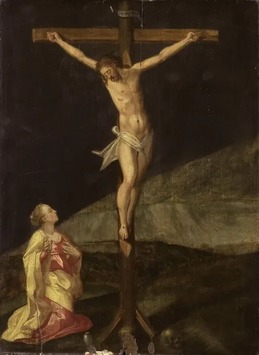 Framed Print : Mary Magdalene at the foot of the cross, c.1610. Creator: Anon Framed Print : Mary Magdalene at the foot of the cross, c.1610. Creator: Anon
