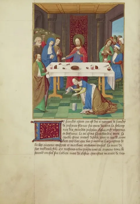 Framed Print : Mary Magdalene and Martha Inviting Christ and the Virgin to Dinner at the Home... about 1480-1490. Creators: Master of Guillaume Lambert, Workshop of Master of Guillaume Lambert Framed Print : Mary Magdalene and Martha Inviting Christ and the Virgin to Dinner at the Home... about 1480-1490. Creators: Master of Guillaume Lambert, Workshop of Master of Guillaume Lambert